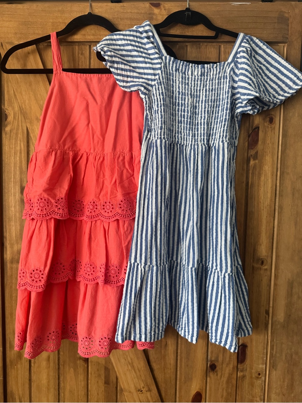 Old Navy Dress Set Coral Tiered Eyelet & Blue White Stripe Smocked Kids Dresses